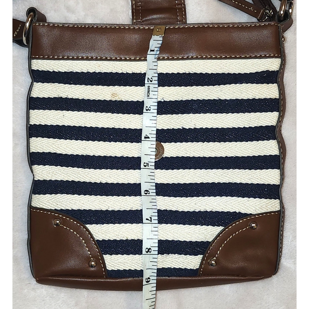 Chaps Crossbody Bag Navy & Cream Stripes W/ Brown Vegan Leather Trim - Picture 14 of 15